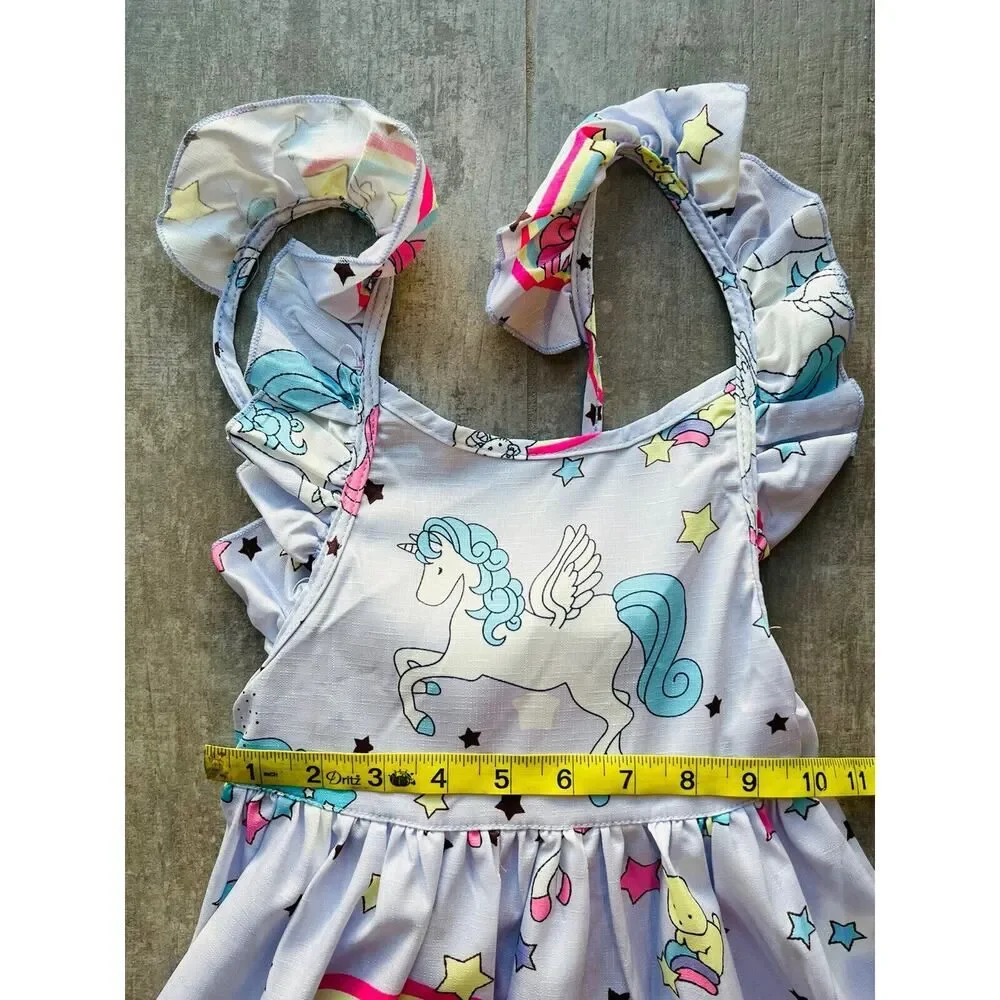 Los Angeles Boutique Girls Unicorn Rainbow Purple Ruffle Tie Back Dress NEW 6